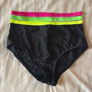 Black High-Waisted Bikini Bottom with Pink and Yellow Stripes